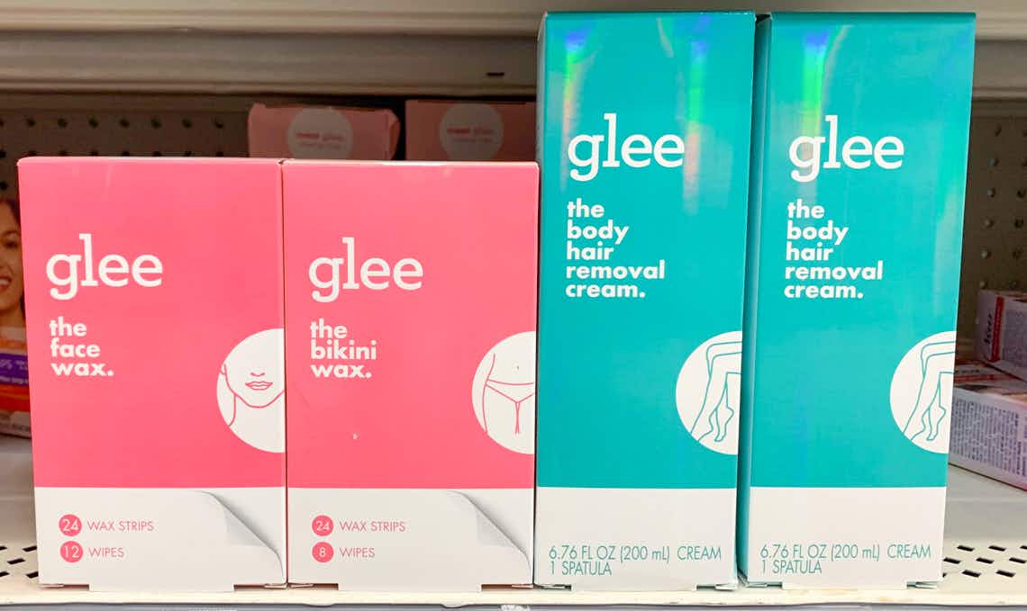 three glee body and facial hair removal products on a walmart shelf