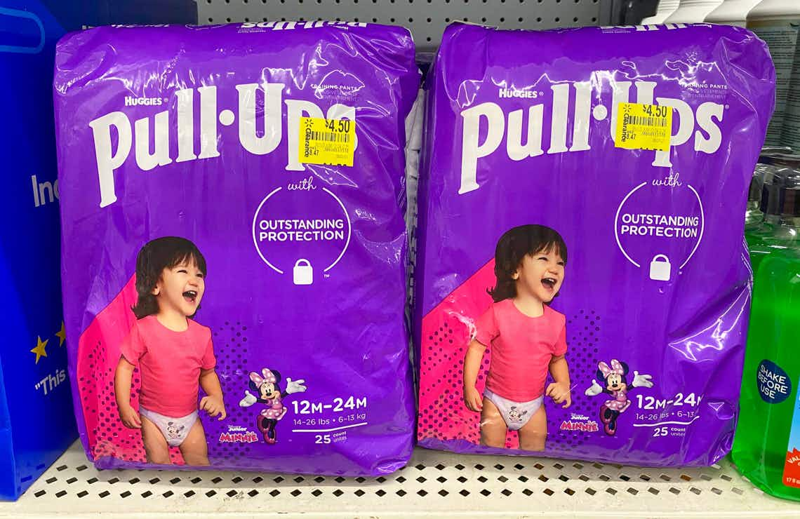 huggies pull-ups training pants on walmart shelf with clearance price tags