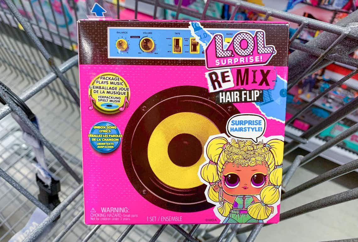 lol surprise remix hair flip toy in walmart cart with toys on shelves in background