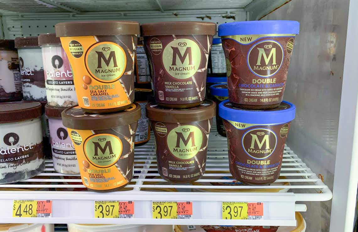 three rows of magnum ice cream stacked two high in a walmart freezer