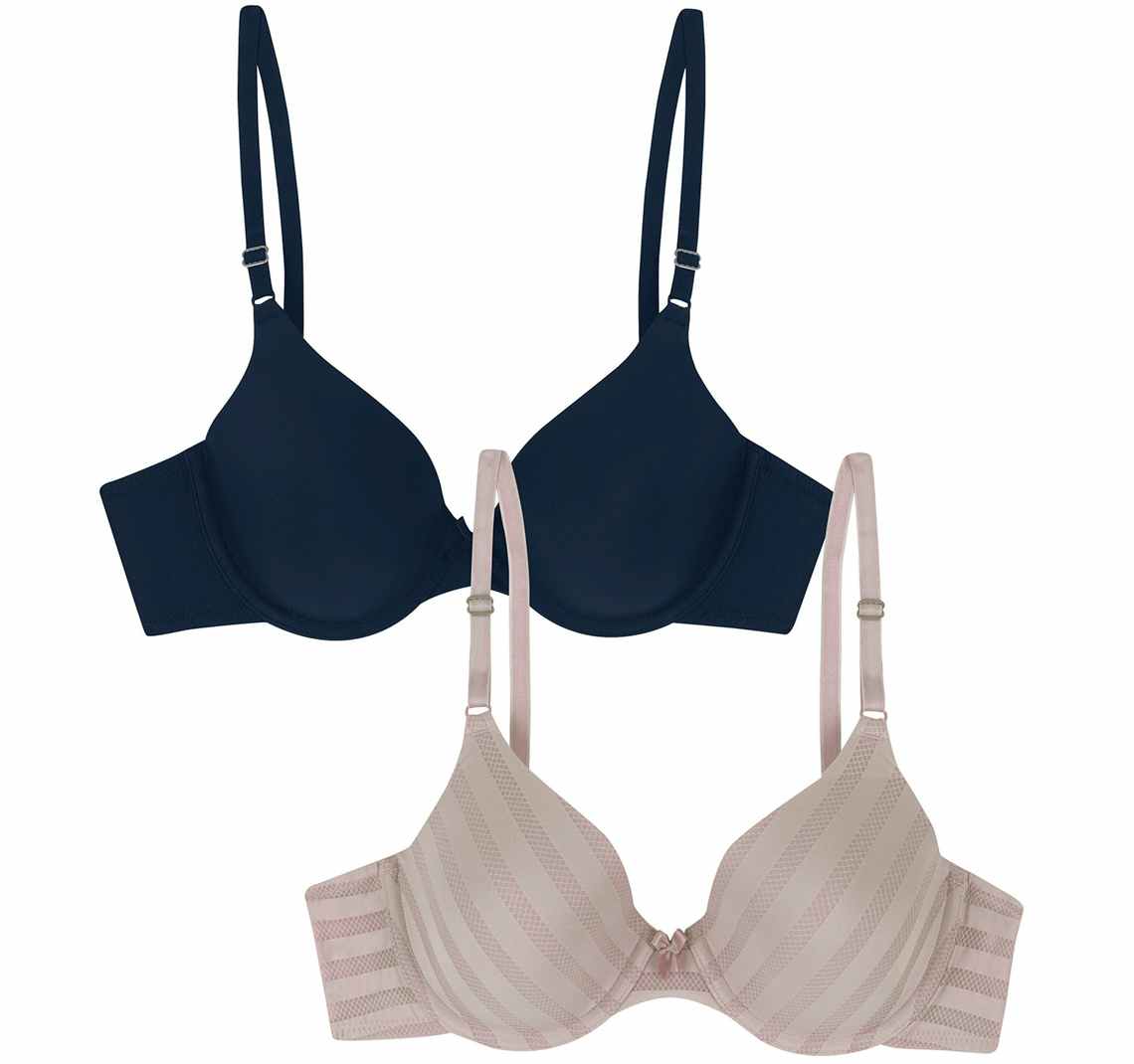 stock photo of two maidenform t shirt bras in navy and neutral