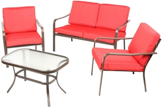 stock photo of mainstays stanton patio set with red cushions on white background