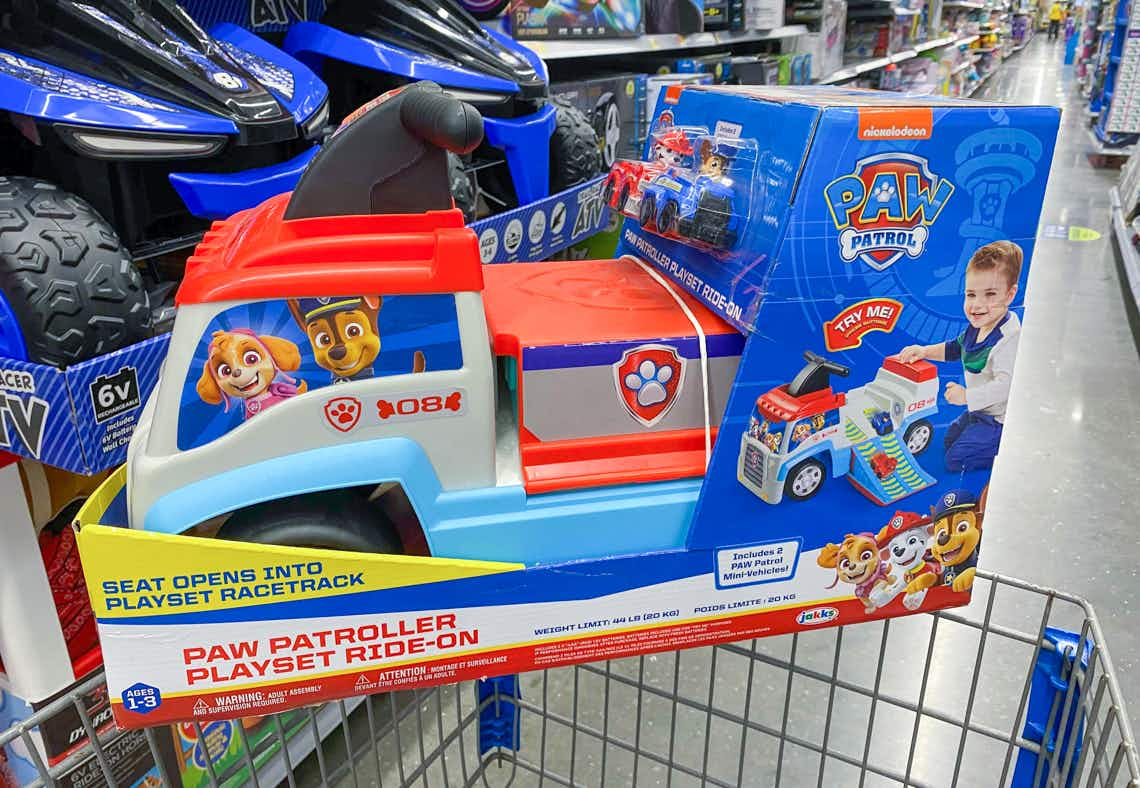 paw patrol ride-on playset in box sitting on walmart cart