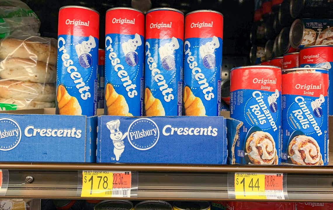 pillsbury original crescent rolls standing on walmart shelf with other pillsbury products around them