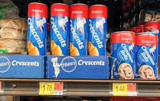 pillsbury original crescent rolls standing on walmart shelf with other pillsbury products around them