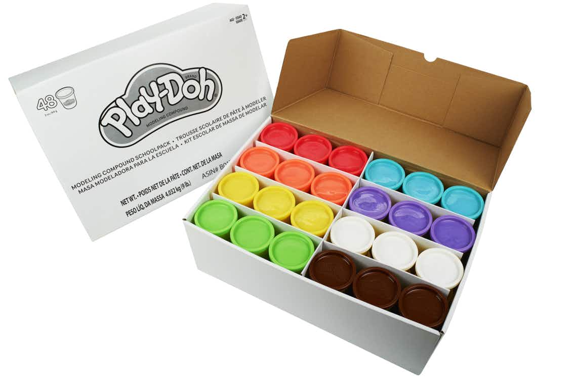 multi-color play-doh set in box with lid open and another box on white background