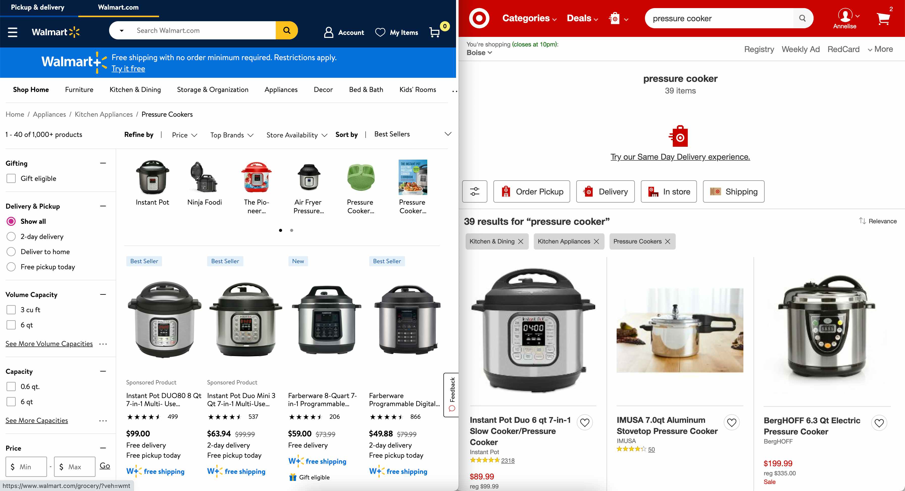 Walmart and Target online shopping screenshots 