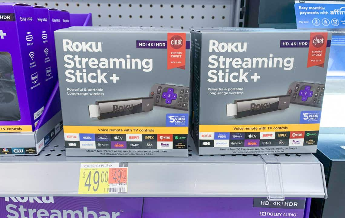 roku streaming stick+ in grey boxes on walmart shelf