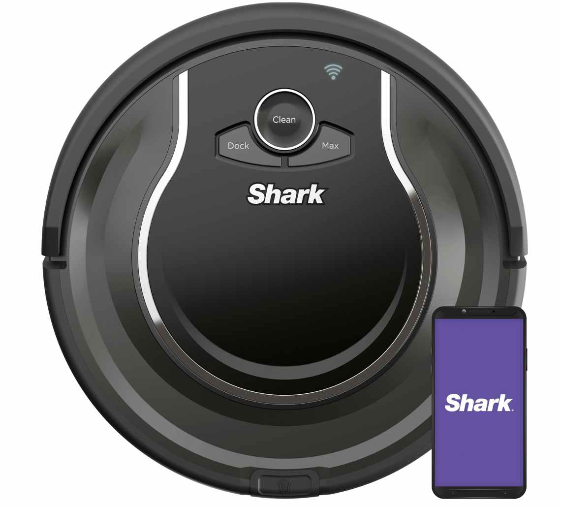 stock photo of shark ion robot vacuum with mobile phone super imposed on image with shark app shown 