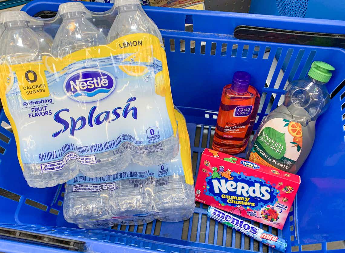 nestle splash nerds gummy clusters seventh generation dish soap mentos and clean and clear in a walmart basket