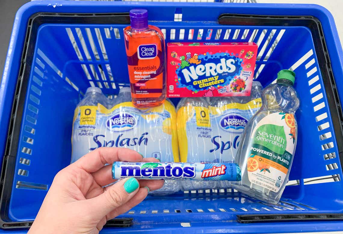 nestle splash nerds gummy clusters seventh generation dish soap mentos and clean and clear in a walmart basket