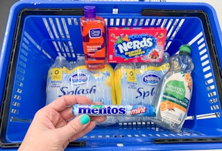 nestle splash nerds gummy clusters seventh generation dish soap mentos and clean and clear in a walmart basket