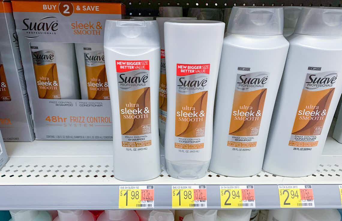 suave professionals ultra sleek and smooth shampoo and conditioner on a walmart shelf