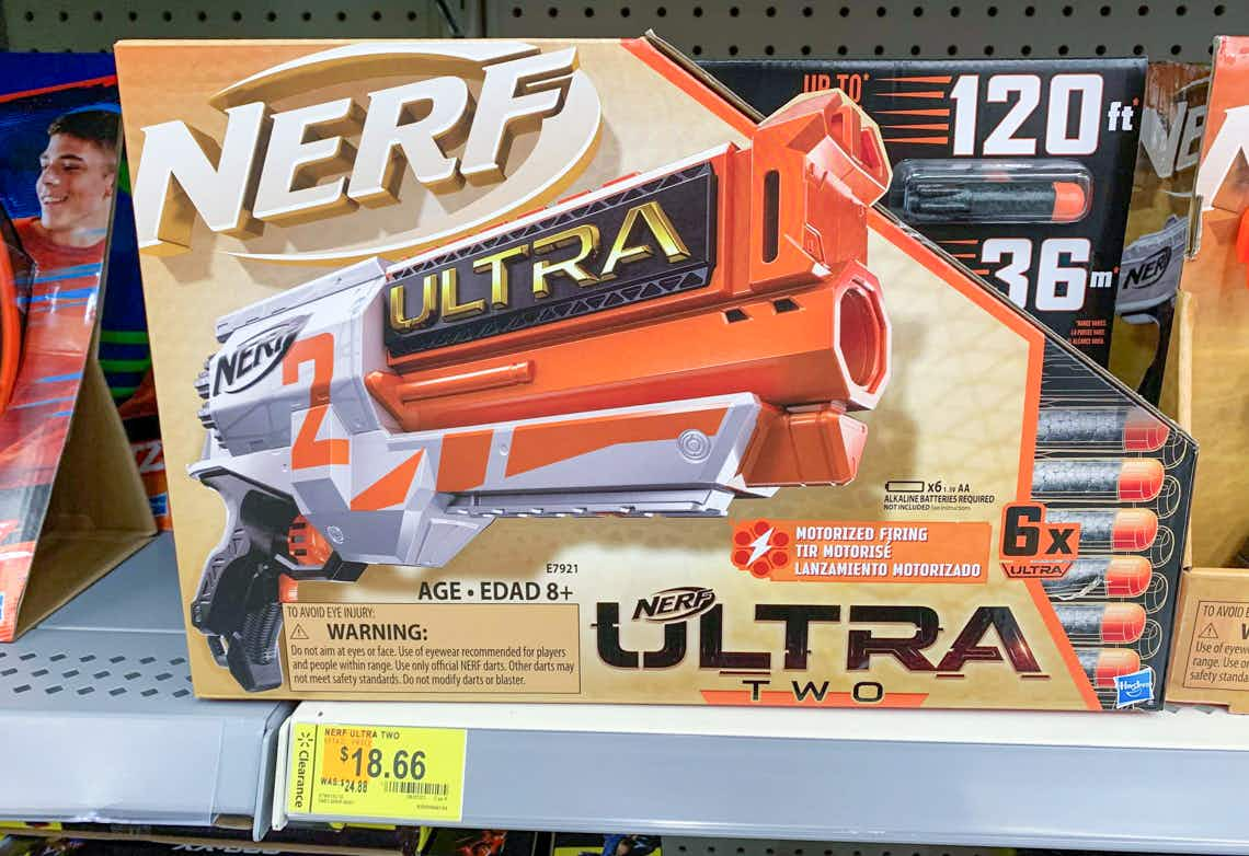 nerf ultra dart blaster on walmart shelf with clearance tag