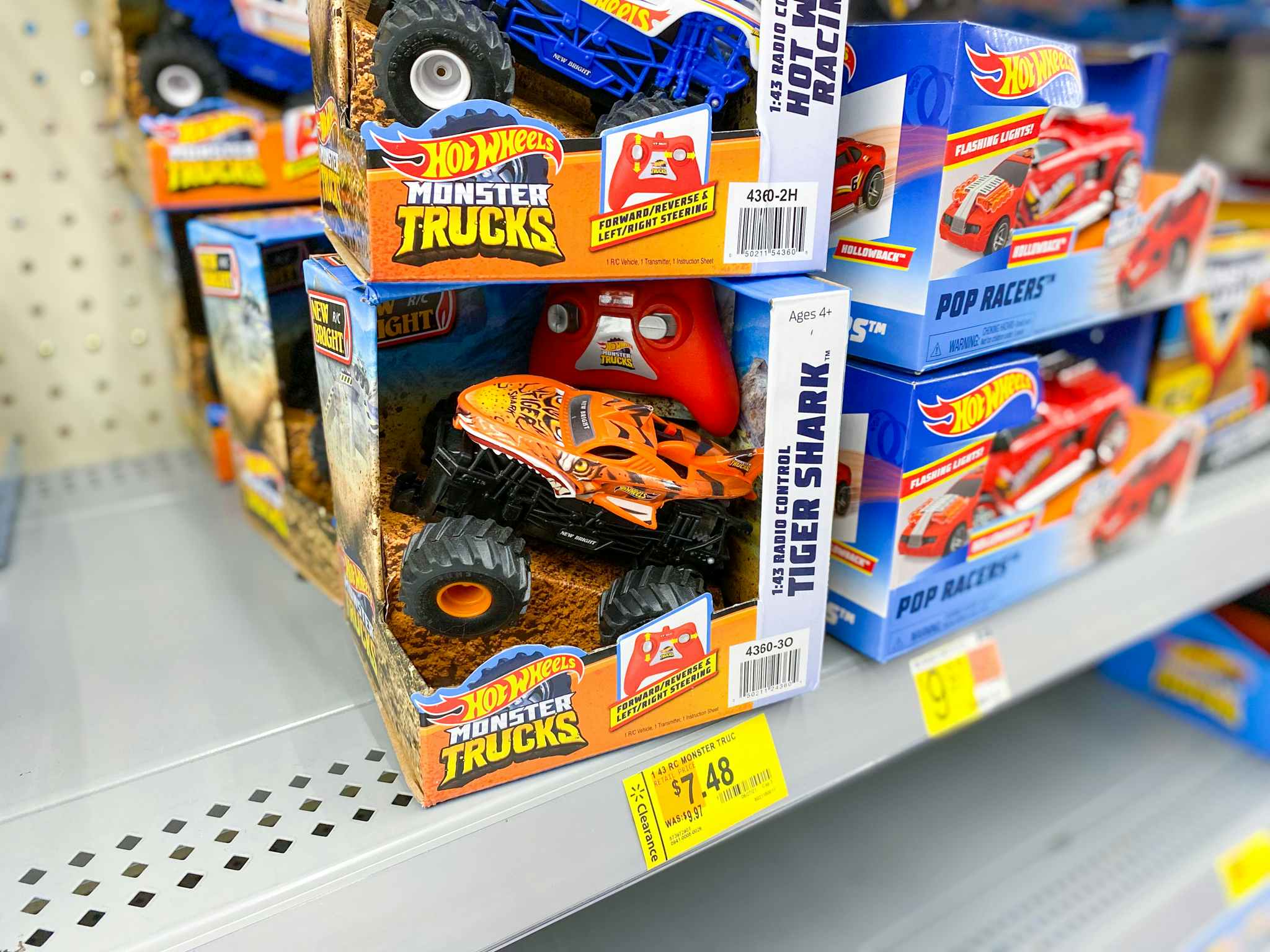 New Bright 1:43 Scale Radio Controlled Hot Wheels Tiger Shark Monster Truck on walmart shelf with clearance tag