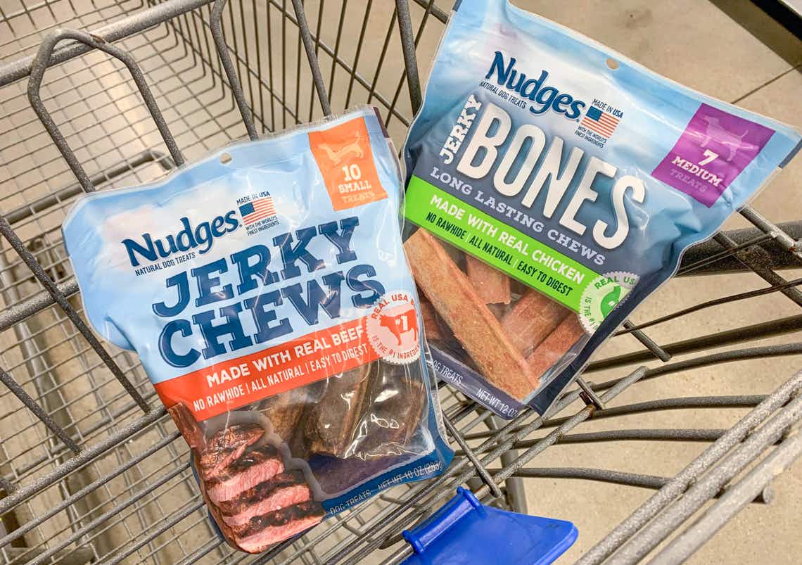 one bag of tyson nudges jerky chews and one bag of tyson nudges jerky bones dog treats in walmart cart