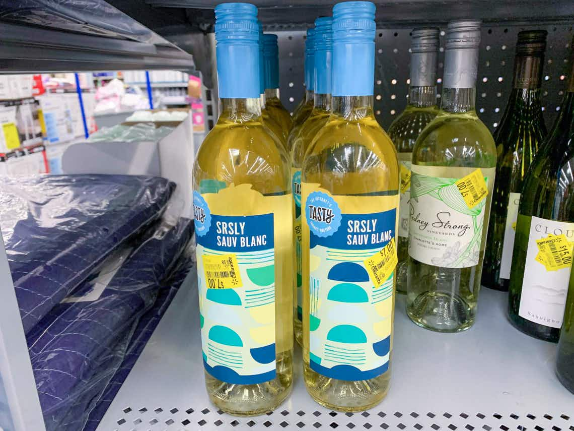 tasty srsly sauv blanc white wine on walmart shelf with clearance price tags