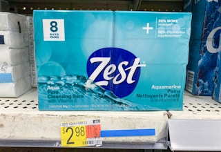 package of 8 zest soap bars on walmart shelf with price tag