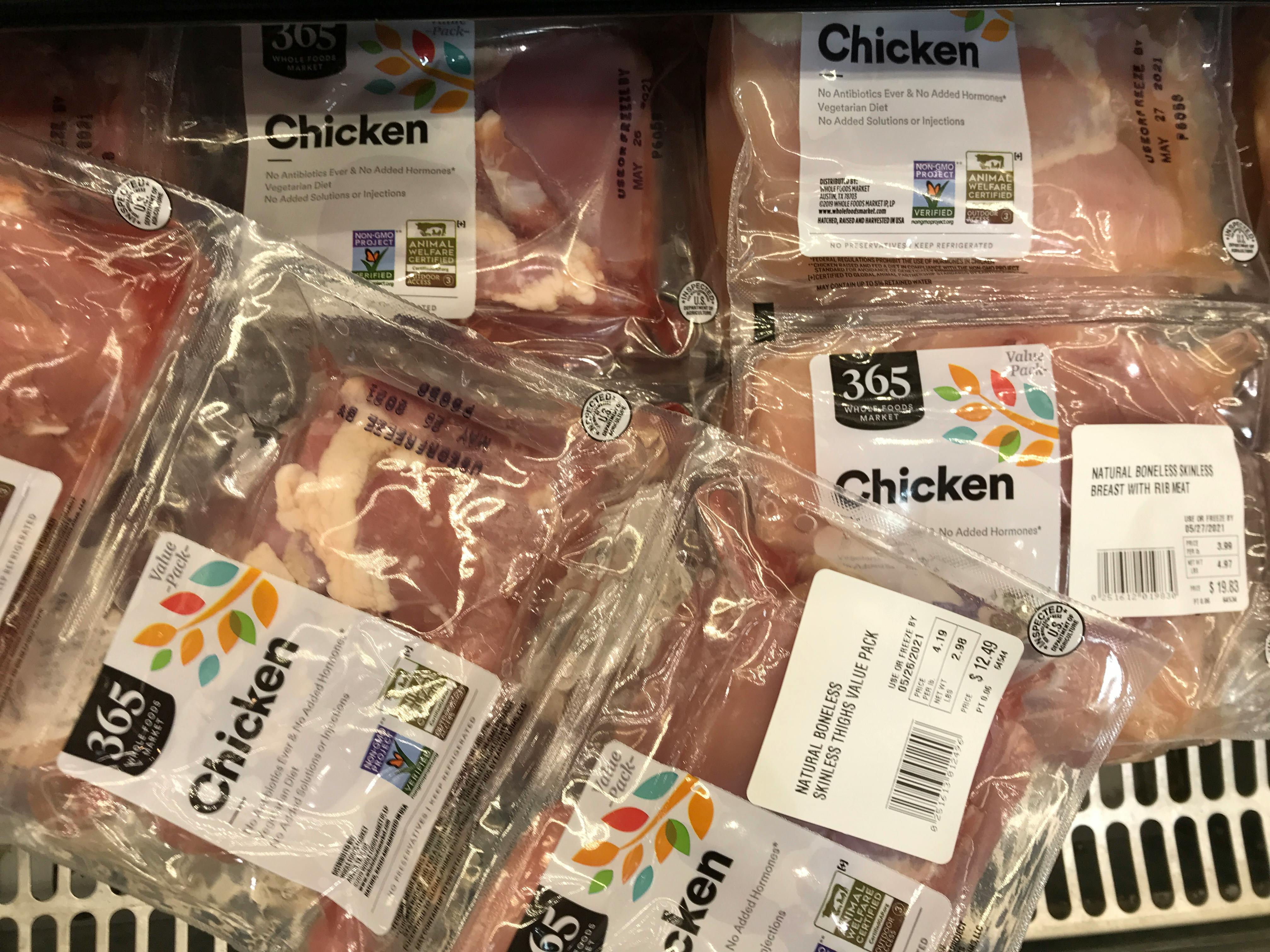 Whole Foods 365 value packs of chicken.