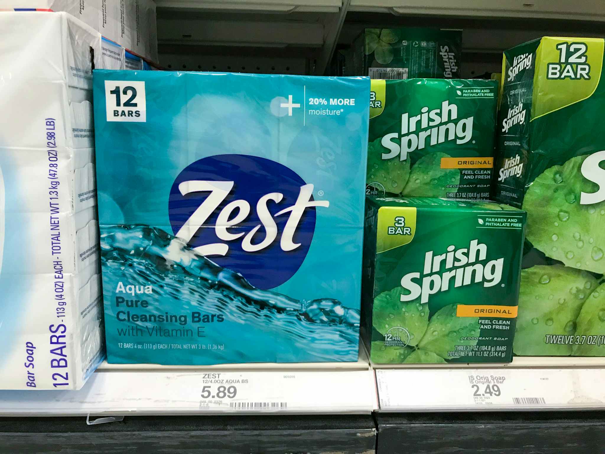 12 pack of zest bar soap on a target shelf