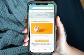 Amazon Baby Registry discount info displayed on a cell phone