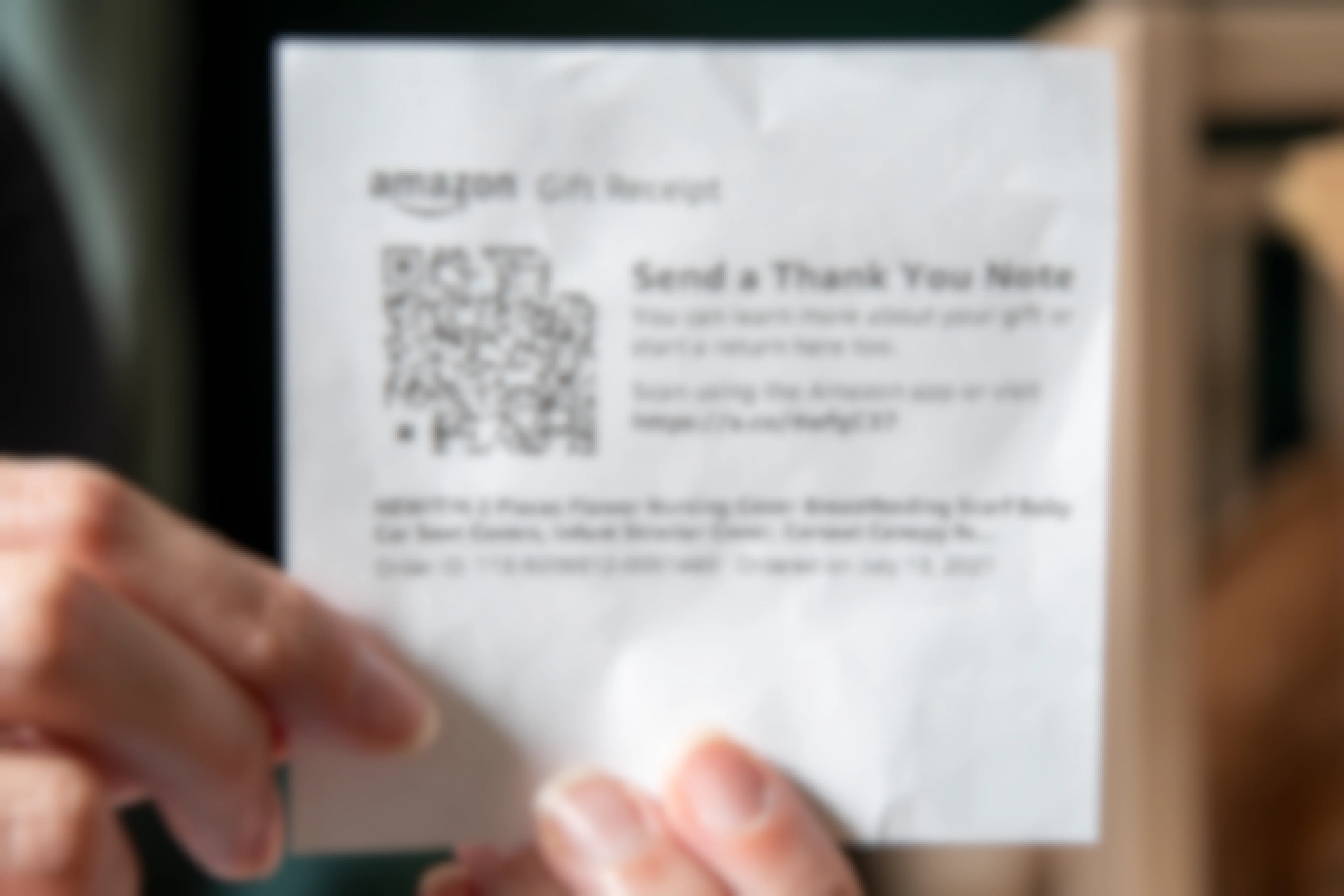 A close up of an Amazon baby registry gift receipt