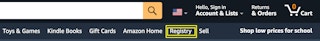 A screenshot of the amazon selections at the top of the screen with a yellow box around "registry
