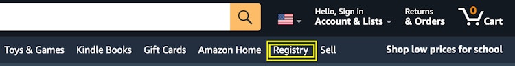 A screenshot of the amazon selections at the top of the screen with a yellow box around "registry