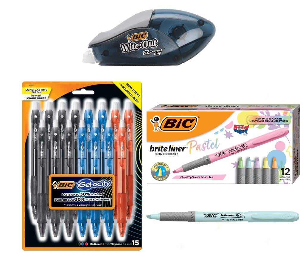 BIC wite out, mechanical pencils, and pastel highlighters.