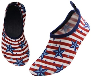 Red, white, and blue kids' water shoes.