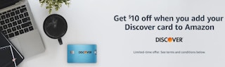 An Amazon banner with a computer, Discover credit card, and offer details.