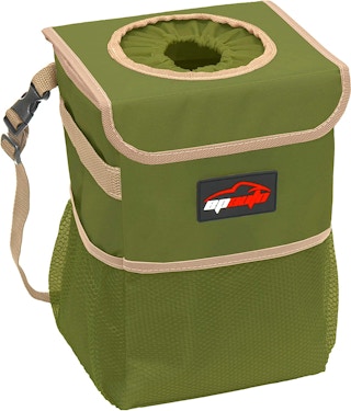 A green EPAuto car trash can.