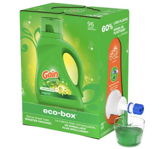 A Gain Eco-Box laundry detergent container.