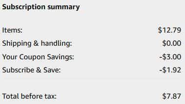 An Amazon subscription summary ending in $7.87.