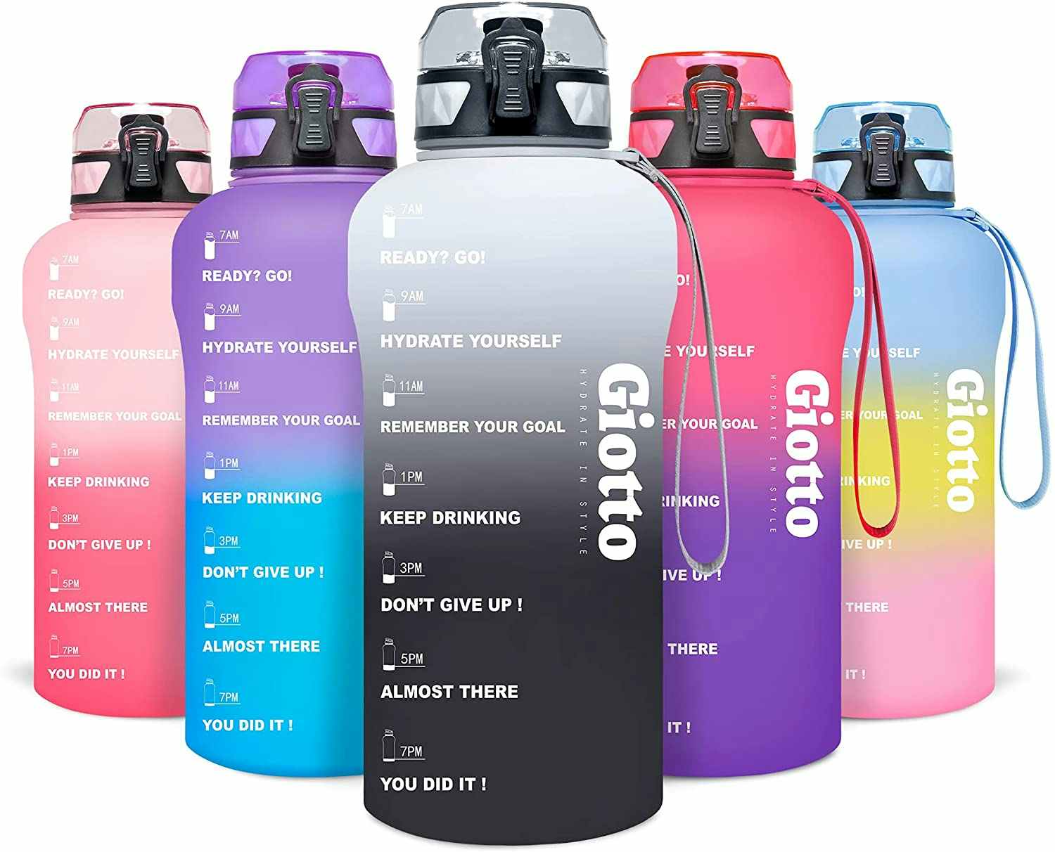 A row of Giotto motivational water bottles.