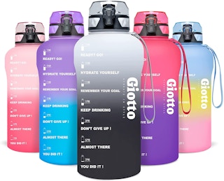 A row of Giotto motivational water bottles.