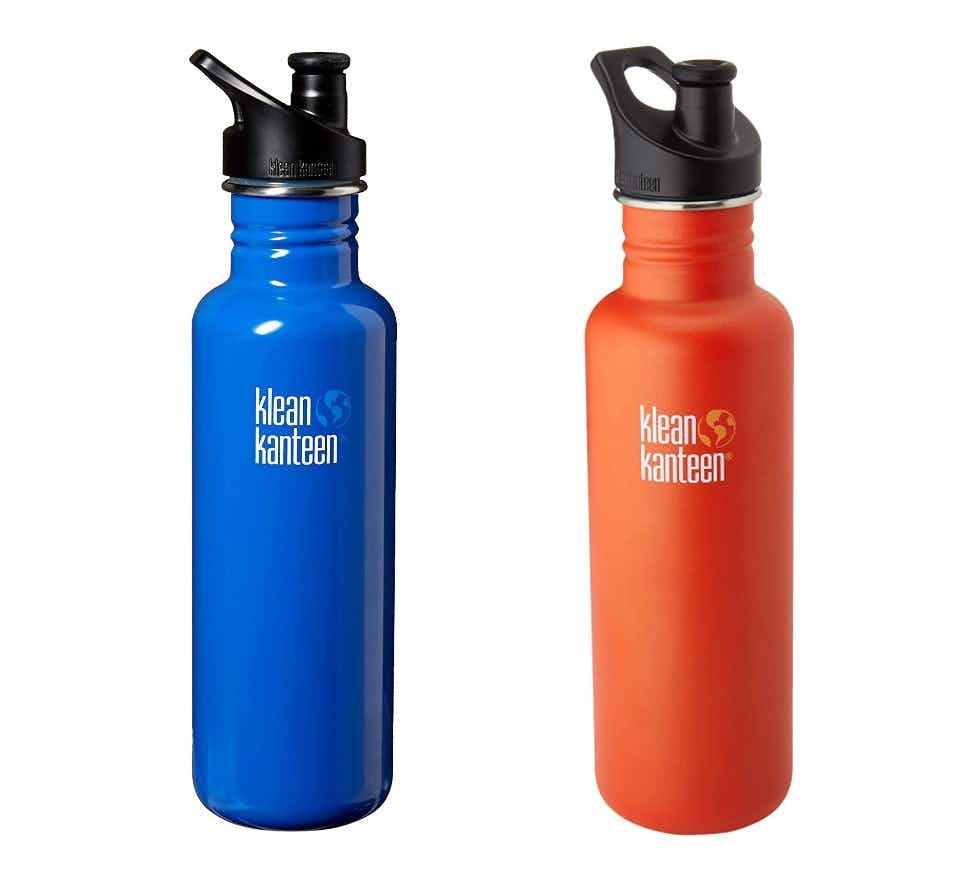 A blue and orange Klean Kanteen water bottle.