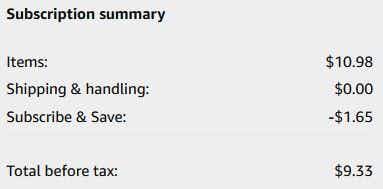 An Amazon subscription summary ending in $9.33.