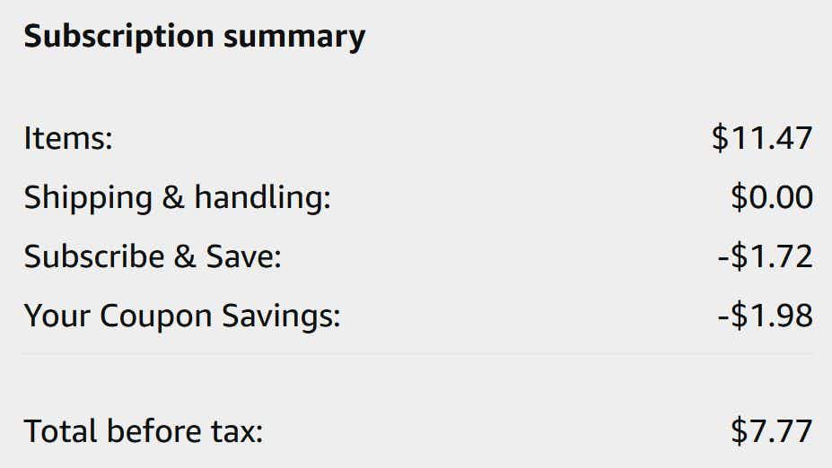 An Amazon subscription summary ending in $7.77.