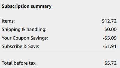 An Amazon subscription summary ending in $5.72