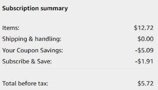 An Amazon subscription summary ending in $5.72
