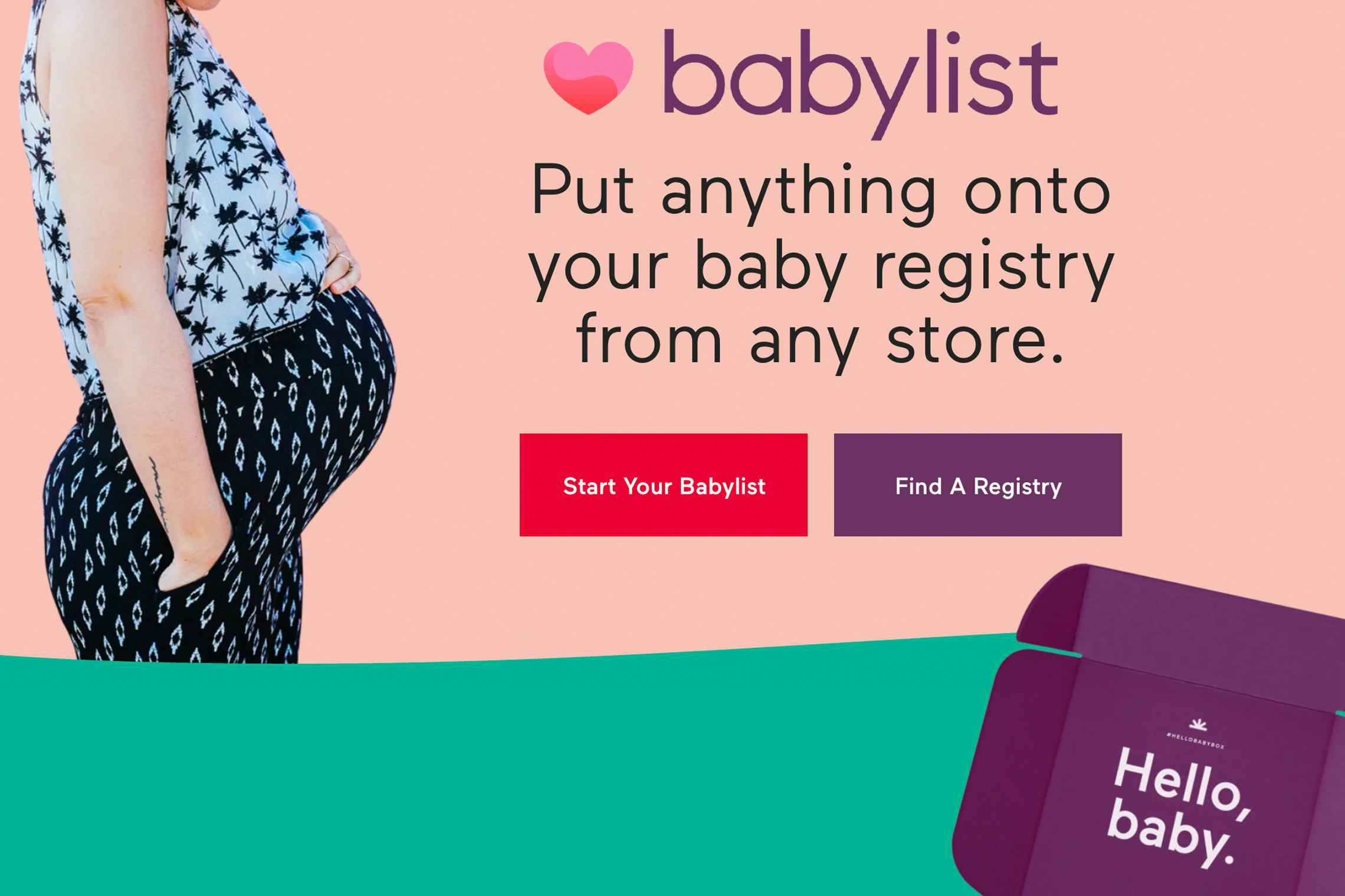A Babylist.com website screenshot that reads, "babylist. Put anything onto your baby registry from any store." with an image of a pregnant woman.