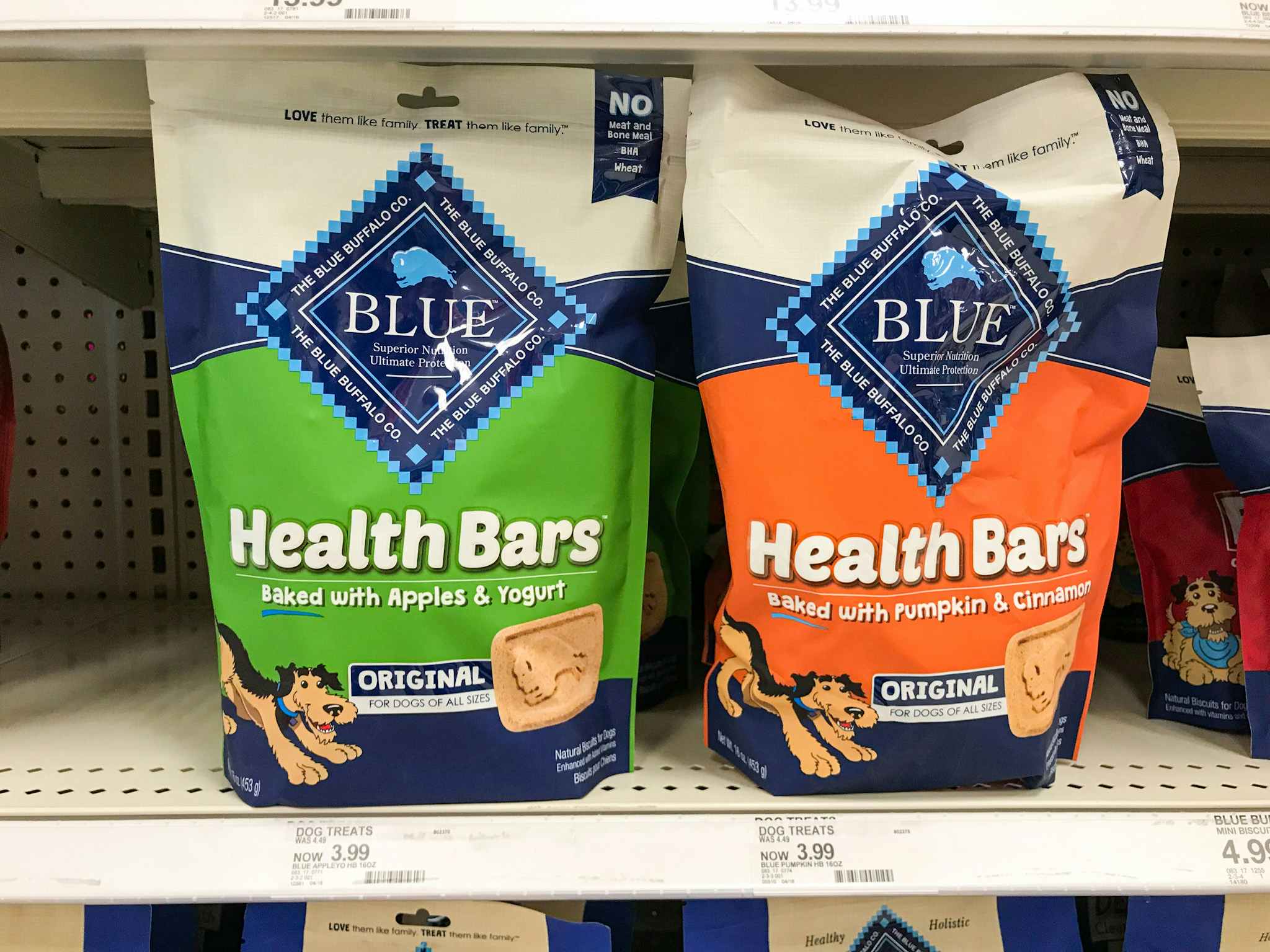 blue health bar dog treats on a target shelf