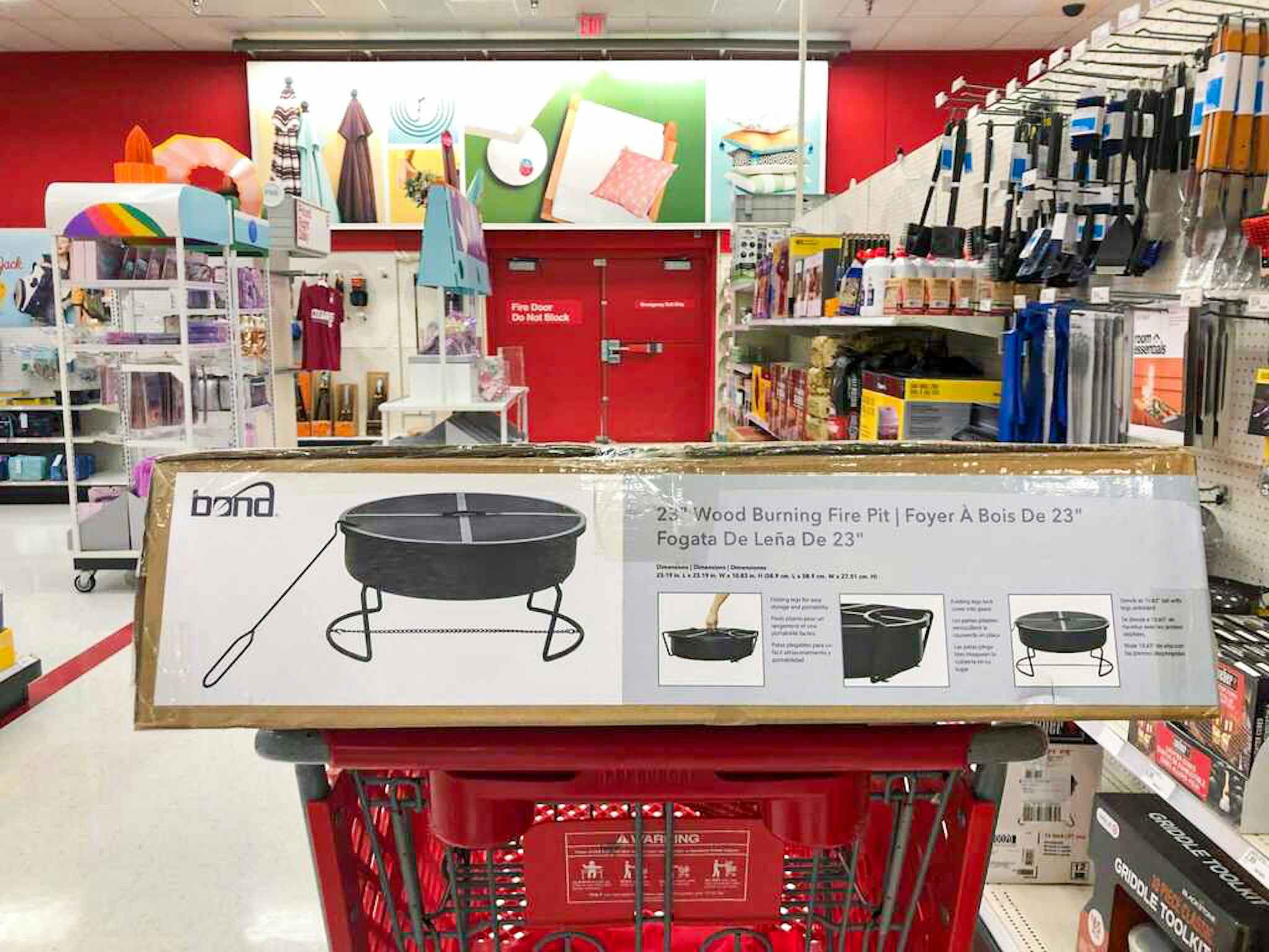 portable wood burning fire pit on a target cart