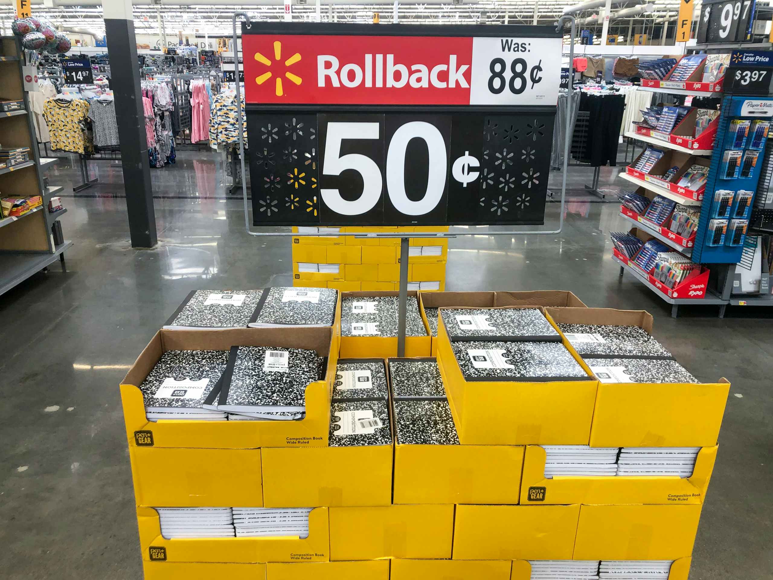 Walmart display of $0.50 composition notebooks