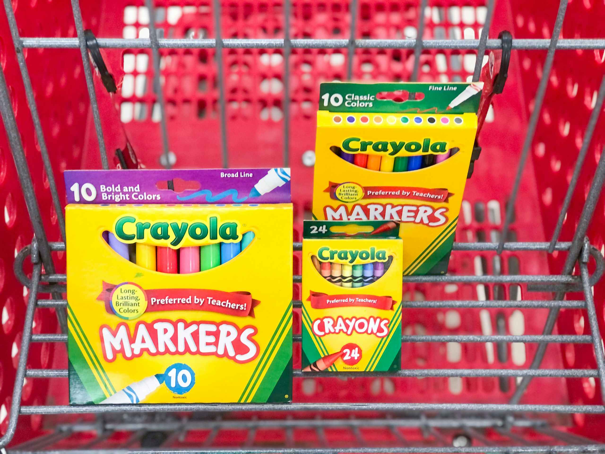 Crayola makers, markers, and crayons in store shopping cart