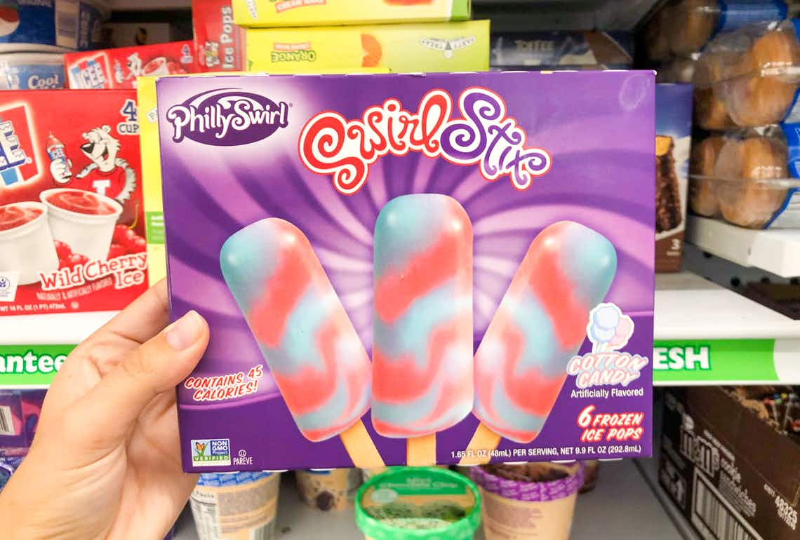 phillyswirl swirl stix ice pops held in front of dollar tree shelf