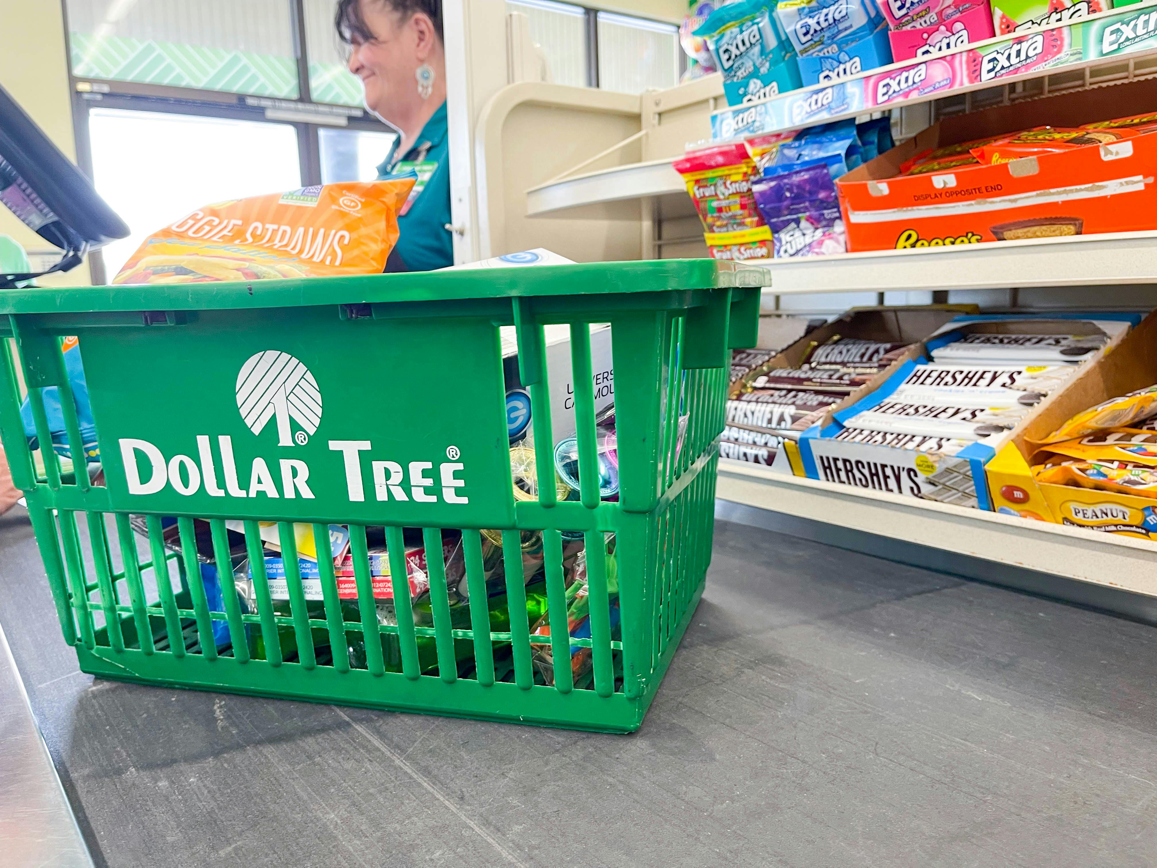 dollar tree basket in checkout line