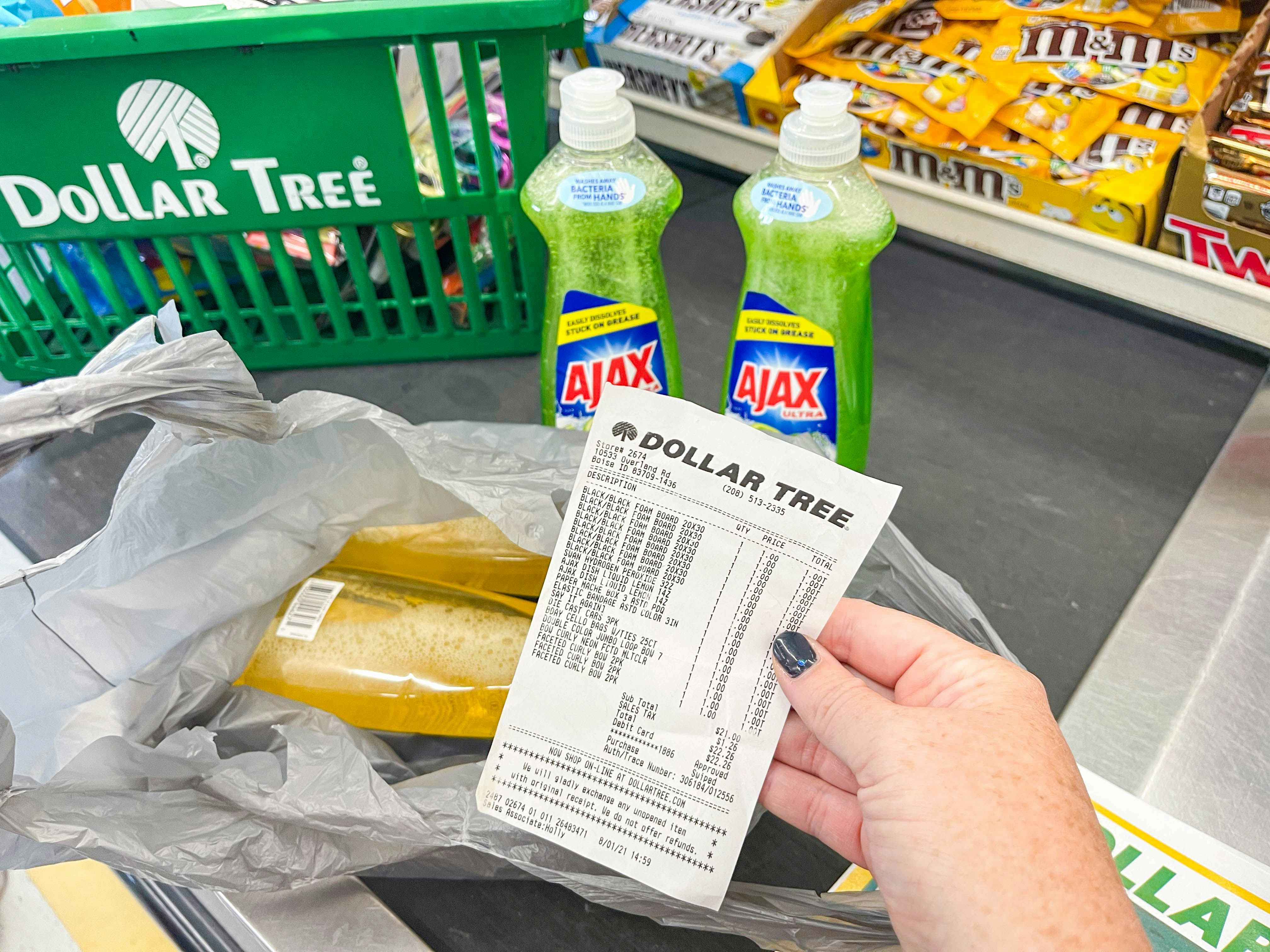 dollar tree checkout with soap exchange with receipt