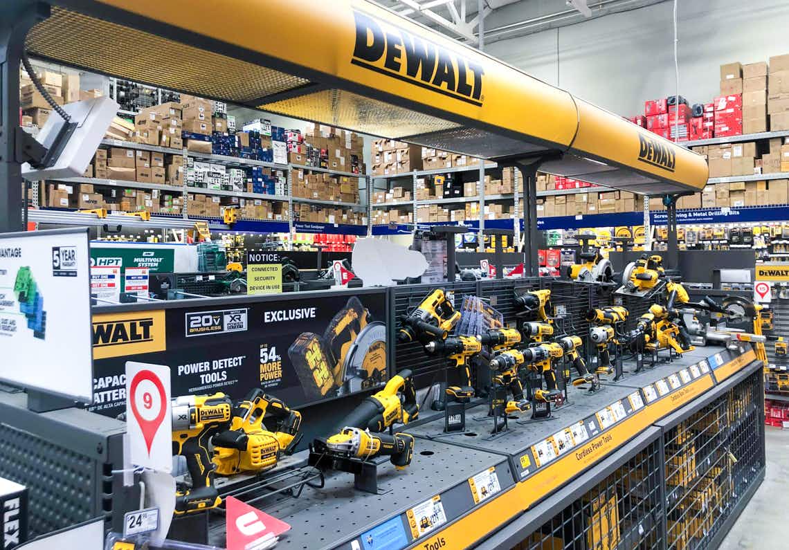 dewalt drills and power tools in area shot of lowe's store